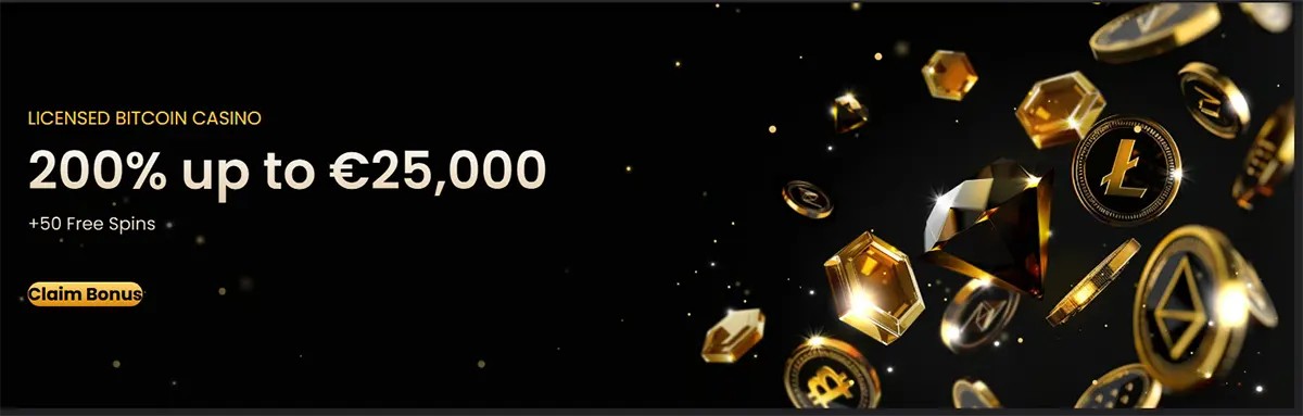 Bitcoin casino promotional banner with floating cryptocurrency coins