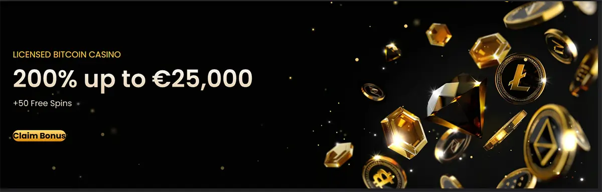 Bitcoin casino promotional banner with floating cryptocurrency coins